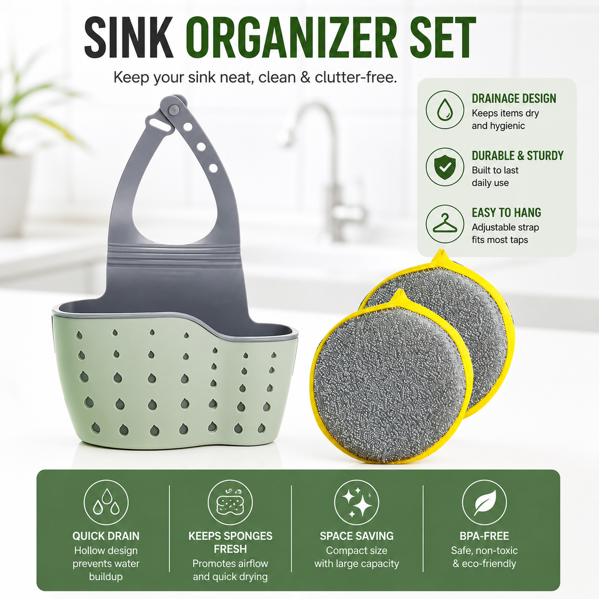 NeatLab™ Sink Organizer & Sponge Holder with 2 Scrubbers